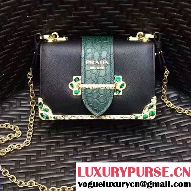 Prada Cahier Leather Shoulder Bag With Crystals 1BH018 Black/Green 2017 (GYF-7120815 )