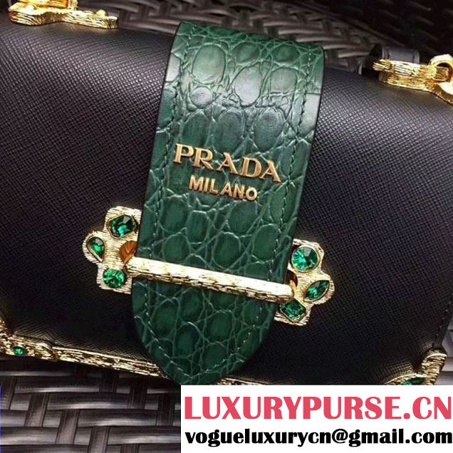 Prada Cahier Leather Shoulder Bag With Crystals 1BH018 Black/Green 2017 (GYF-7120815 )