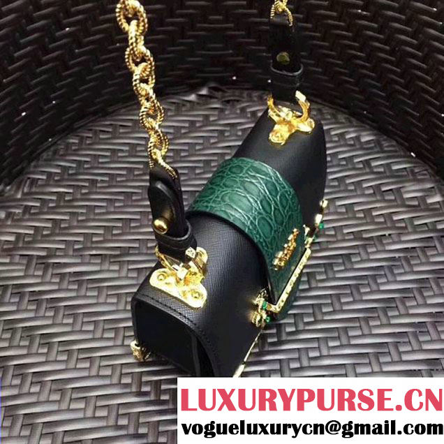 Prada Cahier Leather Shoulder Bag With Crystals 1BH018 Black/Green 2017 (GYF-7120815 )