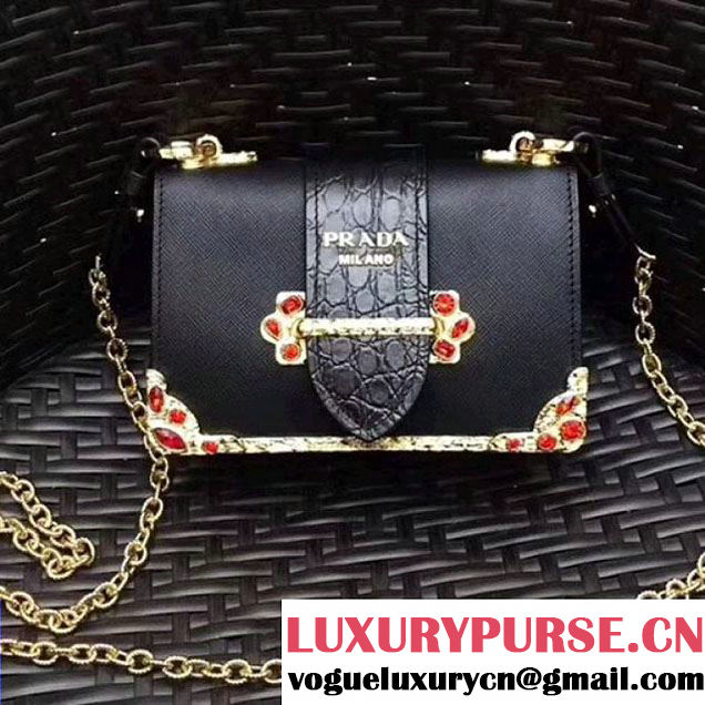 Prada Cahier Leather Shoulder Bag With Crystals 1BH018 Black 2017 (GYF-7120814 )