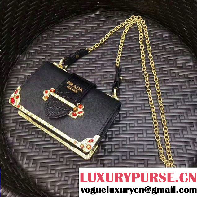Prada Cahier Leather Shoulder Bag With Crystals 1BH018 Black 2017 (GYF-7120814 )