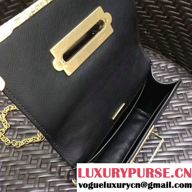 Prada Cahier Leather Shoulder Bag With Crystals 1BH018 Black 2017 (GYF-7120814 )