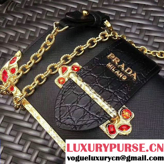 Prada Cahier Leather Shoulder Bag With Crystals 1BH018 Black 2017 (GYF-7120814 )