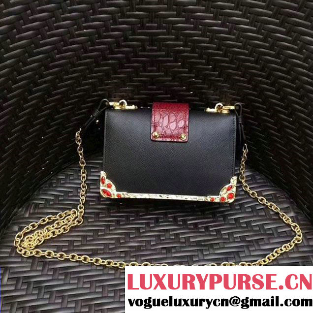 Prada Cahier Leather Shoulder Bag With Crystals 1BH018 Black/Burgundy 2017 (GYF-7120813 )