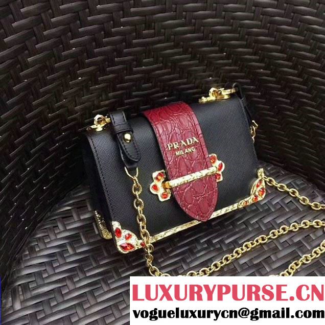 Prada Cahier Leather Shoulder Bag With Crystals 1BH018 Black/Burgundy 2017 (GYF-7120813 )