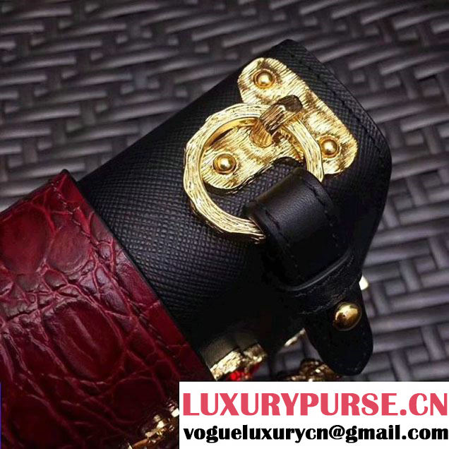 Prada Cahier Leather Shoulder Bag With Crystals 1BH018 Black/Burgundy 2017 (GYF-7120813 )
