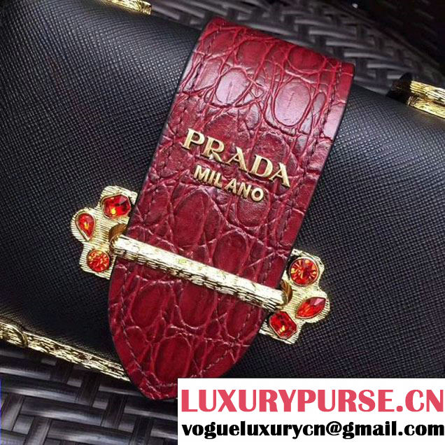 Prada Cahier Leather Shoulder Bag With Crystals 1BH018 Black/Burgundy 2017 (GYF-7120813 )