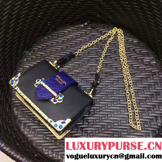 Prada Cahier Leather Shoulder Bag With Crystals 1BH018 Black/Purple 2017 (GYF-7120812 )