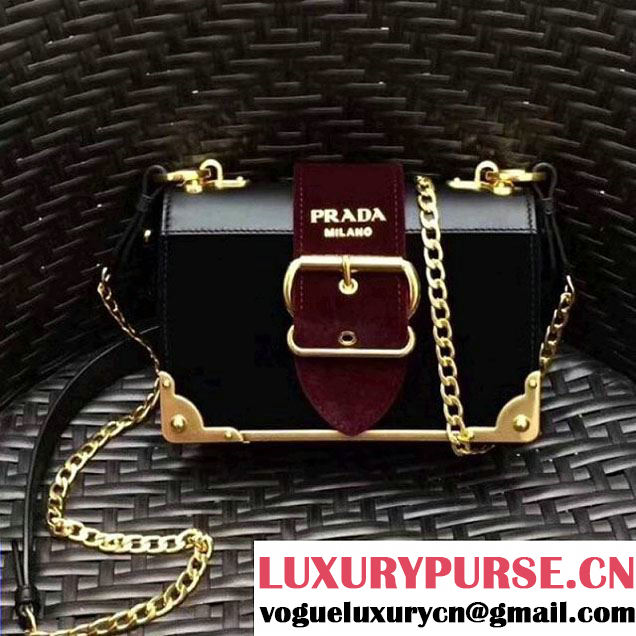 Prada Cahier Velvet Shoulder Bag 1BH018 Black/Burgundy 2017 (GYF-7120809 )