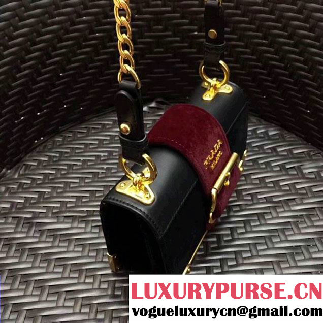 Prada Cahier Velvet Shoulder Bag 1BH018 Black/Burgundy 2017 (GYF-7120809 )