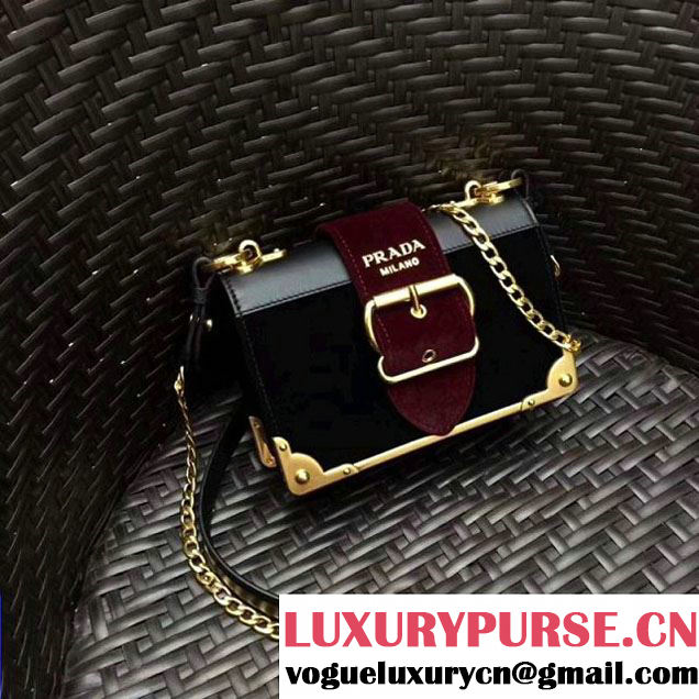 Prada Cahier Velvet Shoulder Bag 1BH018 Black/Burgundy 2017 (GYF-7120809 )