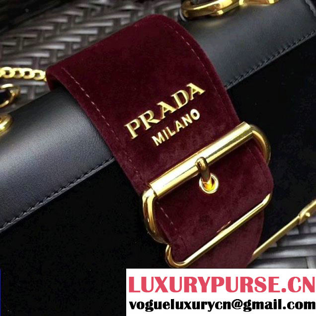 Prada Cahier Velvet Shoulder Bag 1BH018 Black/Burgundy 2017 (GYF-7120809 )