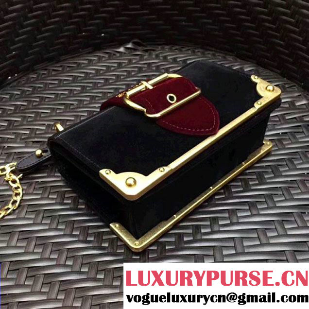 Prada Cahier Velvet Shoulder Bag 1BH018 Black/Burgundy 2017 (GYF-7120809 )
