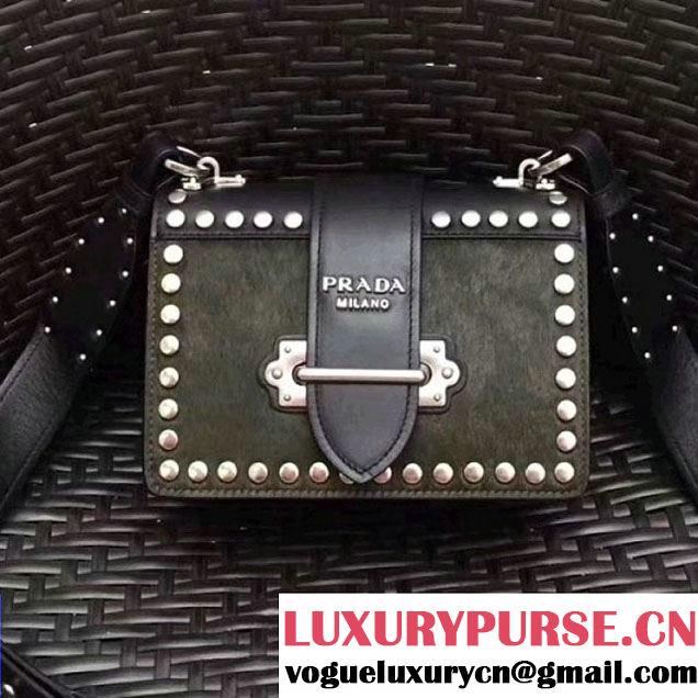 Prada Cahier Studded Calf Hair Bag 1BD045 Black/Green 2017 (GYF-7120825 )