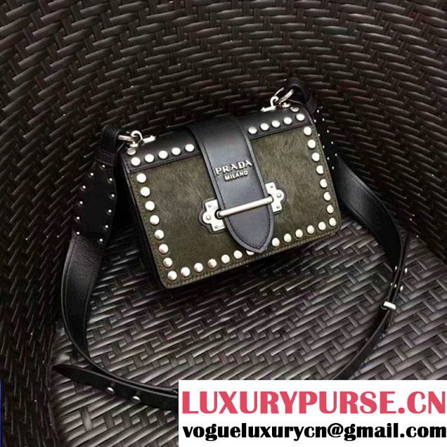 Prada Cahier Studded Calf Hair Bag 1BD045 Black/Green 2017 (GYF-7120825 )