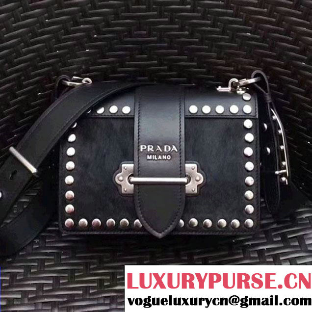 Prada Cahier Studded Calf Hair Bag 1BD045 Black 2017 (GYF-7120824 )