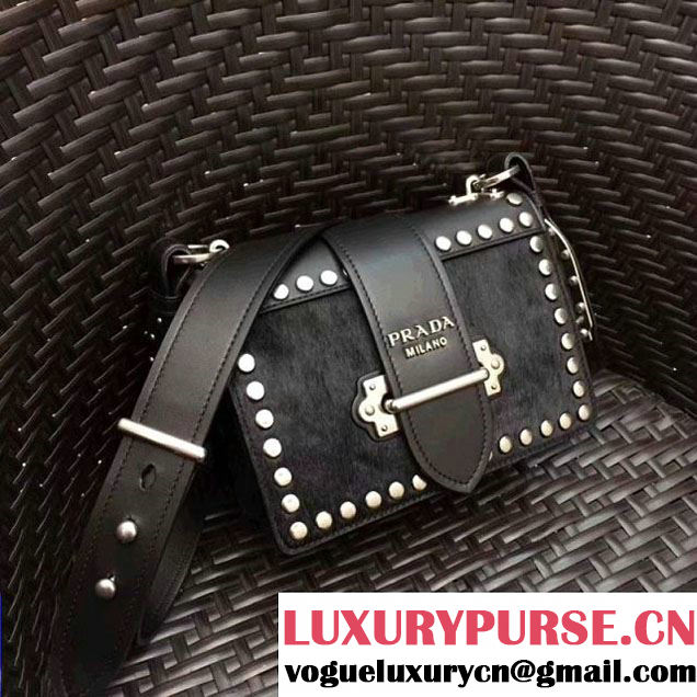 Prada Cahier Studded Calf Hair Bag 1BD045 Black 2017 (GYF-7120824 )