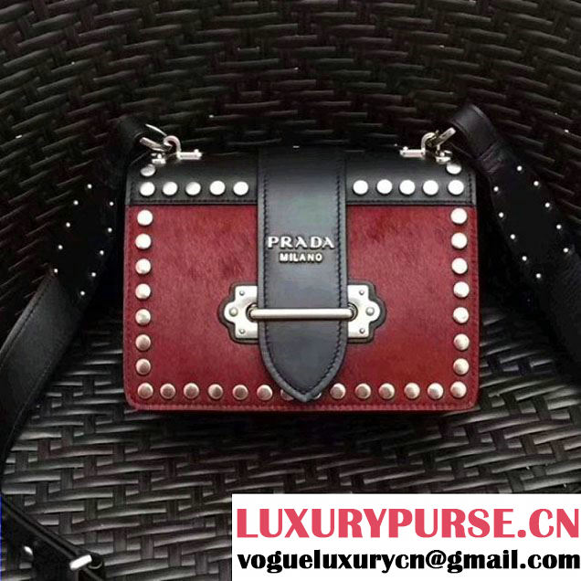 Prada Cahier Studded Calf Hair Bag 1BD045 Black/Red 2017 (GYF-7120823 )