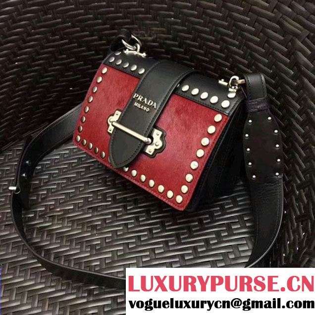 Prada Cahier Studded Calf Hair Bag 1BD045 Black/Red 2017 (GYF-7120823 )