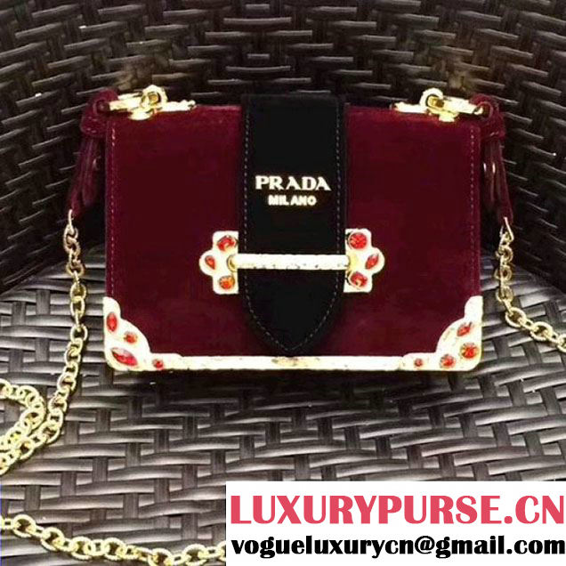 Prada Cahier Velvet Shoulder Bag With Crystals 1BH018 Burgundy/Black 2017 (GYF-7120819 )