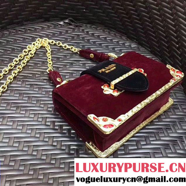 Prada Cahier Velvet Shoulder Bag With Crystals 1BH018 Burgundy/Black 2017 (GYF-7120819 )