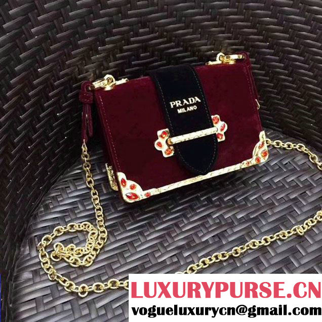 Prada Cahier Velvet Shoulder Bag With Crystals 1BH018 Burgundy/Black 2017 (GYF-7120819 )