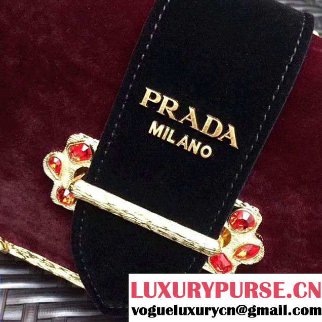 Prada Cahier Velvet Shoulder Bag With Crystals 1BH018 Burgundy/Black 2017 (GYF-7120819 )