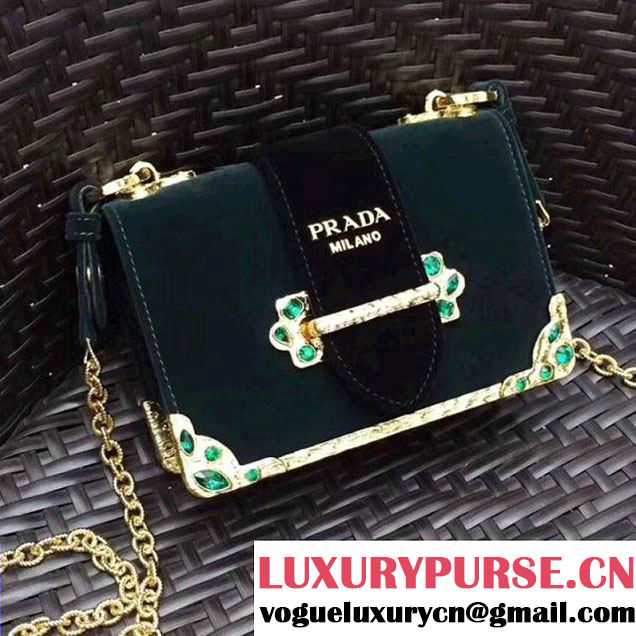 Prada Cahier Velvet Shoulder Bag With Crystals 1BH018 Green/Black 2017 (GYF-7120818 )