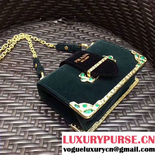 Prada Cahier Velvet Shoulder Bag With Crystals 1BH018 Green/Black 2017 (GYF-7120818 )