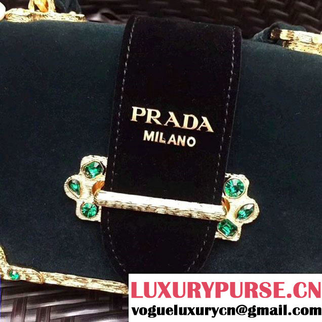 Prada Cahier Velvet Shoulder Bag With Crystals 1BH018 Green/Black 2017 (GYF-7120818 )