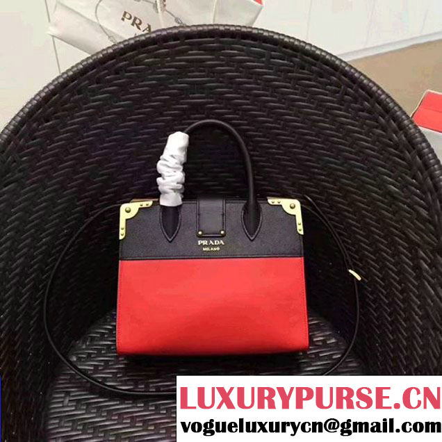 Prada Cahier Leather Tote Bag 1BA050 Black/Red 2017 (GYF-7120838 )