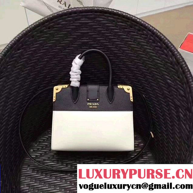 Prada Cahier Leather Tote Bag 1BA050 Black/White 2017 (GYF-7120837 )