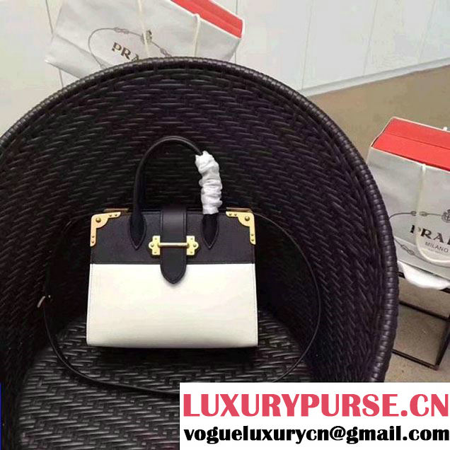 Prada Cahier Leather Tote Bag 1BA050 Black/White 2017 (GYF-7120837 )