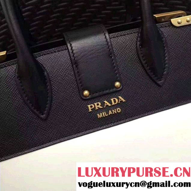 Prada Cahier Leather Tote Bag 1BA050 Black/White 2017 (GYF-7120837 )