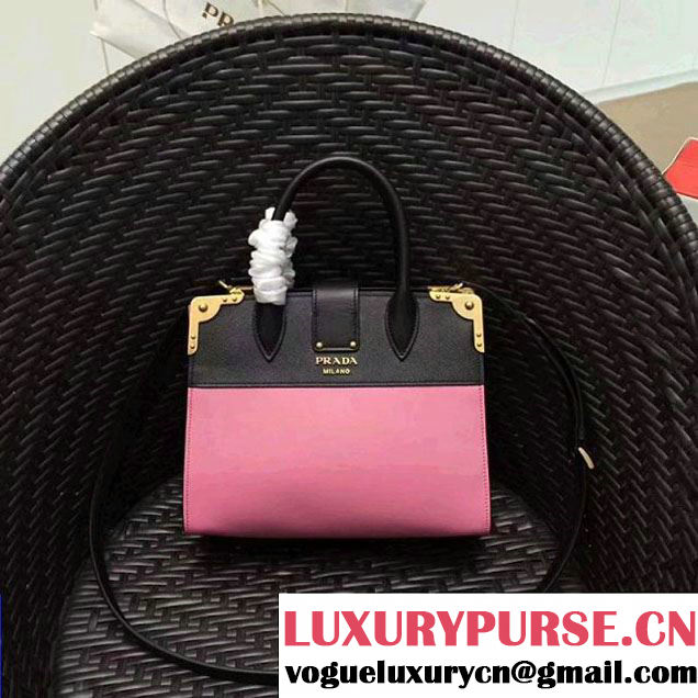 Prada Cahier Leather Tote Bag 1BA050 Black/Pink 2017 (GYF-7120835 )