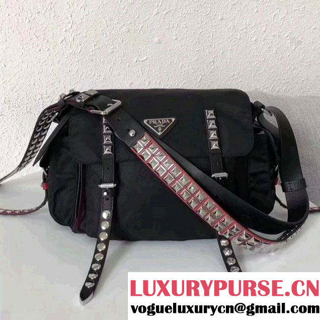 Prada Studded Nylon Shoulder Bag Black/Red Spring 2018 (GYF-8011236 )