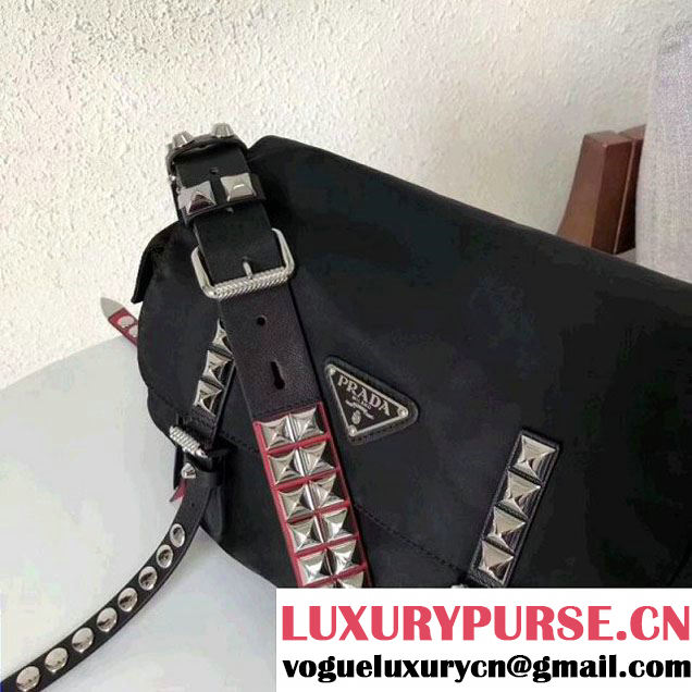 Prada Studded Nylon Shoulder Bag Black/Red Spring 2018 (GYF-8011236 )