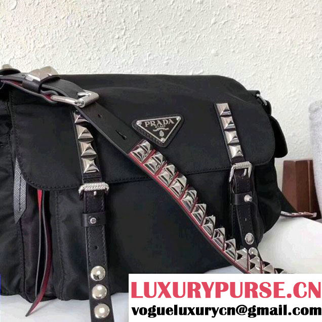 Prada Studded Nylon Shoulder Bag Black/Red Spring 2018 (GYF-8011236 )