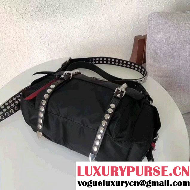 Prada Studded Nylon Shoulder Bag Black/Red Spring 2018 (GYF-8011236 )