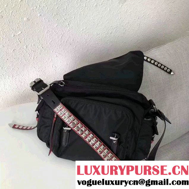 Prada Studded Nylon Shoulder Bag Black/Red Spring 2018 (GYF-8011236 )