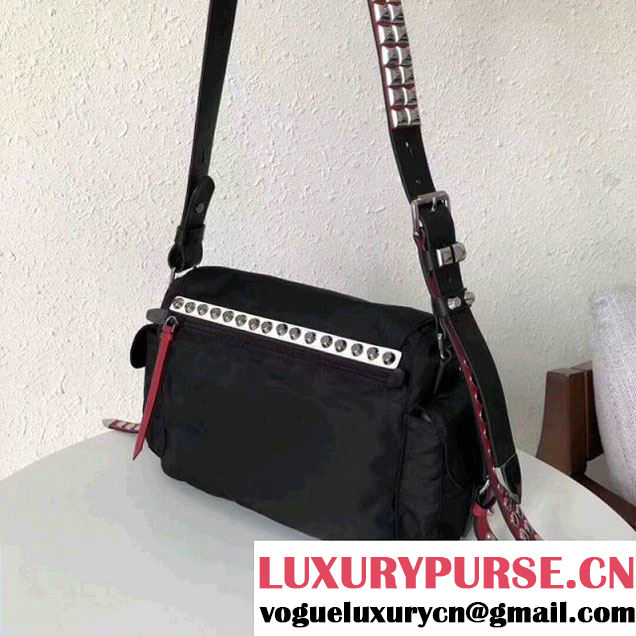 Prada Studded Nylon Shoulder Bag Black/Red Spring 2018 (GYF-8011236 )