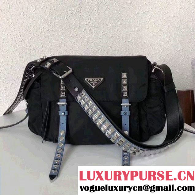 Prada Studded Nylon Shoulder Bag Black/Blue Spring 2018 (GYF-8011235 )