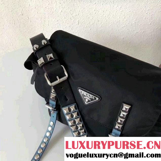 Prada Studded Nylon Shoulder Bag Black/Blue Spring 2018 (GYF-8011235 )