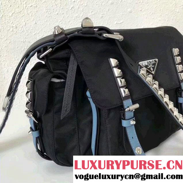 Prada Studded Nylon Shoulder Bag Black/Blue Spring 2018 (GYF-8011235 )