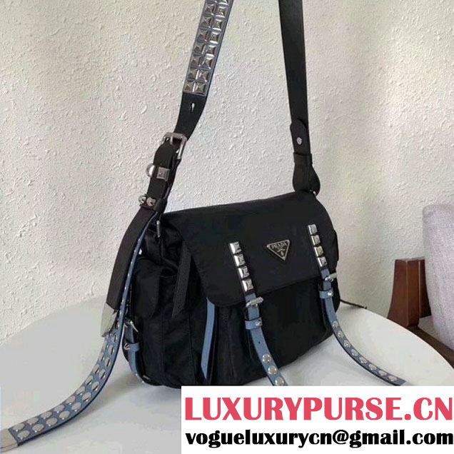 Prada Studded Nylon Shoulder Bag Black/Blue Spring 2018 (GYF-8011235 )