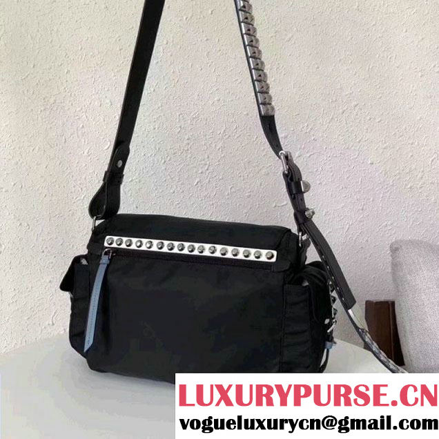 Prada Studded Nylon Shoulder Bag Black/Blue Spring 2018 (GYF-8011235 )