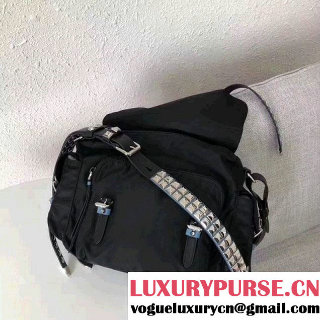 Prada Studded Nylon Shoulder Bag Black/Blue Spring 2018 (GYF-8011235 )