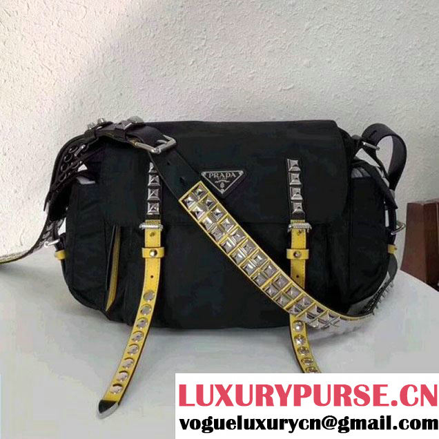 Prada Studded Nylon Shoulder Bag Black/Yellow Spring 2018 (GYF-8011234 )