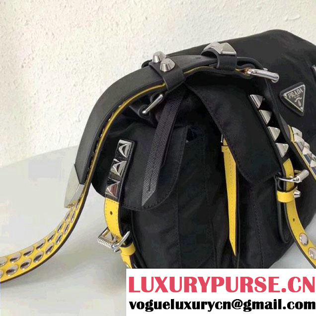 Prada Studded Nylon Shoulder Bag Black/Yellow Spring 2018 (GYF-8011234 )