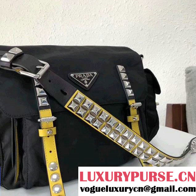 Prada Studded Nylon Shoulder Bag Black/Yellow Spring 2018 (GYF-8011234 )